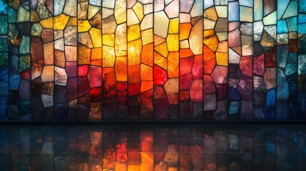 Wall Mural - Colorful stained glass window with sunlight reflection creating a vibrant atmosphere. Artistic design concept