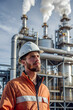 © Big - Worker in orenge uniform and white helmet with back in industrial plants Full of pipes and smoke