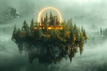 Wall Mural - Floating Castle in a Misty Forest