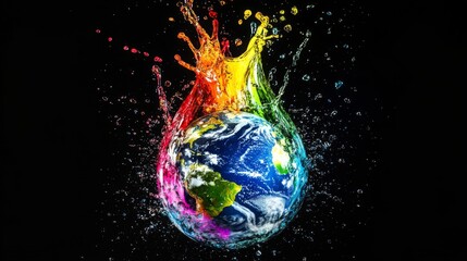 colorful paint splash around planet earth against black background