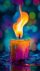 Colorful candle with bright flame against abstract bokeh background