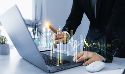 Leinwandbilder - Businessman draw graphic with rising arrows. Financial diagram graph and profit stock market chart. Business growth graph and investment analysis.Development and growth chart.
