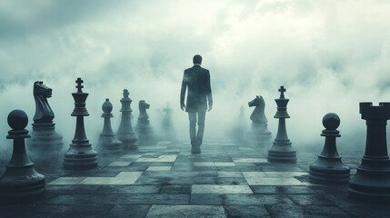 Mysterious figure walking on a foggy chessboard, strategic concept