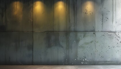 Wall Mural - Illuminated Concrete Wall Showcasing Paint Splashes in Dark Green Tones Amidst Shadows