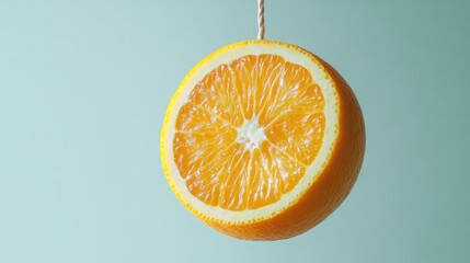 Wall Mural - Orange half suspended against a blue background, minimalist concept