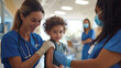 © Antto-AI - A nurse is caring for child receiving vaccination in bright medical setting, showcasing compassion and professionalism. child appears calm and reassured during process
