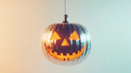 Jack-o'-lantern disco ball hanging with a glowing smile, Halloween decoration concept