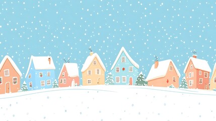 A simple vector illustration of an animated Christmas winter town with houses, snowflakes falling from the sky, and a snowy landscape