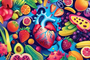 Colorful Fruits and Vegetables Around a Heart