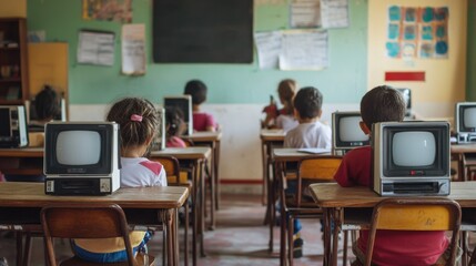 Wall Mural - Classroom with Children Using Outdated Technology at Their Desks