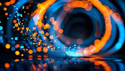 Wall Mural - Swirling Vortex of Blue and Orange Energy with Dazzling Bokeh Lights on a Black Backdrop, Embodying Innovation and Modernity