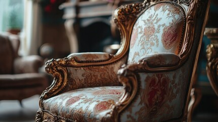 Wall Mural - A close-up of an ornate antique chair with luxurious fabric and detailed craftsmanship