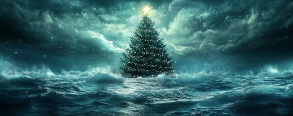 Christmas tree glowing in stormy ocean, surreal night. Festive holiday and wonder concept