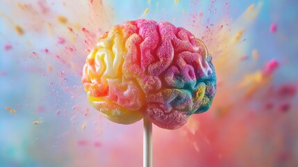 Colorful brain shaped lollipop exploding with vibrant powder