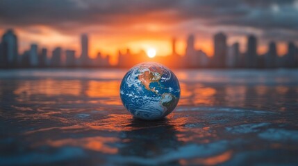 Planet Earth on water surface with cityscape in background at sunset