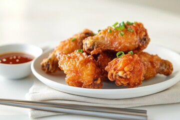 Crispy fried chicken wings served on a plate with dipping sauce and green onions.