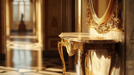 Wall Mural - An antique marble-topped Victorian console table with decorative brass legs, placed beneath an ornate gold-framed mirror in a lavish hallway