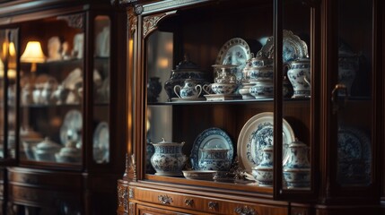 Wall Mural - An elegant antique cabinet displaying fine china and collectibles in a warm setting