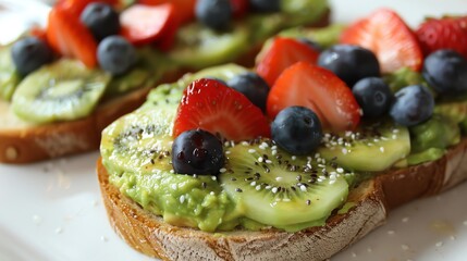 Canvas Print - Avocado toast topped with kiwi, strawberries, and blueberries.