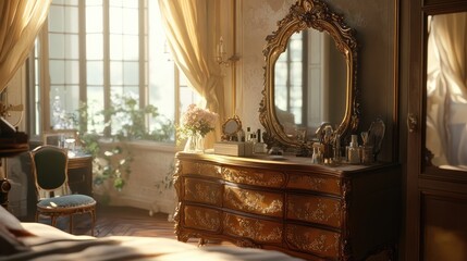 Wall Mural - An ornate vanity dresser with a large, gilded mirror, set in a sunlit bedroom