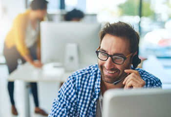 Aufkleber - Happy, businessman and consulting with headphones at call center for customer service or technical support at office. Young, male person or consultant agent with smile for online advice or assistance