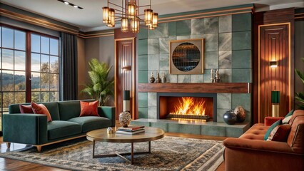 Wall Mural - Art deco interior design of modern living room with fireplace.
