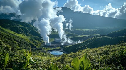 Smoke billows from a geothermal plant in a lush valley surrounded by mountains.