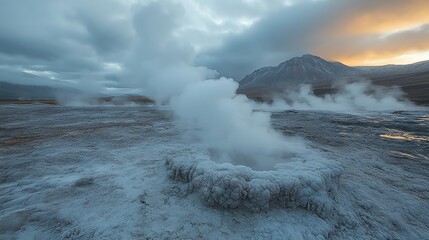 Geyser erupting with steam and hot water against a dramatic sky.