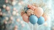 © artiiz - A soft pastel birthday party with light blue and beige tones, and minimal use of flowers and balloons, space for text on background