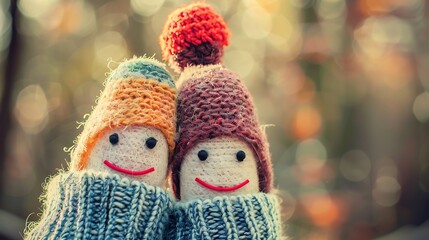 Happy similing face on finger couple cuddle together love relationship and friendship concept wearing wool hats