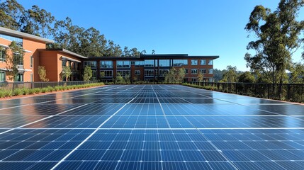 Solar panels installed on a large open space in front of a modern building.