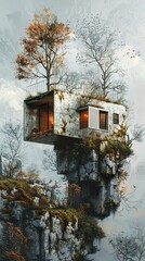 Wall Mural - A House Suspended on a Cliffside: Nature's Architectural Wonder