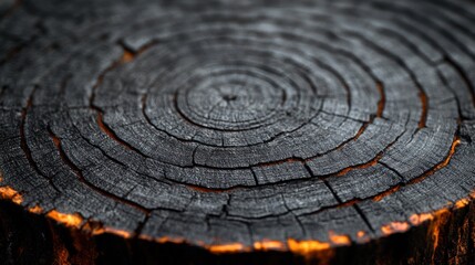 Close-up of a charred tree trunk with visible rings.