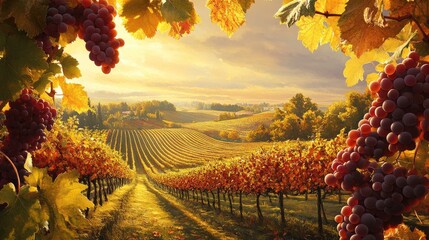 Golden autumn vineyard, bathed in sunlight with colorful leaves and ripe grapes, a serene view of nature's bounty.