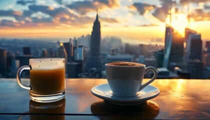 Wall Mural - Serene Morning Coffee Moment Amidst the Vibrant City Skyline