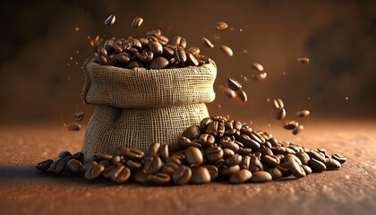 Wall Mural - Dynamic Cascade of Freshly Roasted Coffee Beans from a Burlap Sack in 3D Render