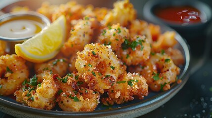 Poster - Crispy Fried Calamari with Lemon and Dipping Sauces