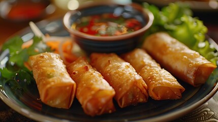 Wall Mural - Crispy Fried Spring Rolls with Dipping Sauce