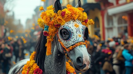 Close-up horses with Día de los Muertos face paint, adorned with colorful flowers and traditional attire during a festival.