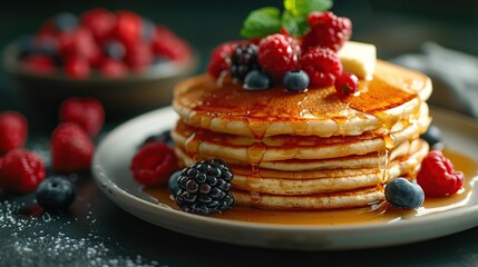 Wall Mural - Delicious Stack of Pancakes with Fresh Berries and Syrup