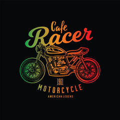 Cafe racer custom motorcycle. Original vector illustration in vintage style isolated on black background. T-shirt design.