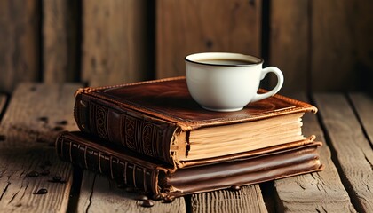 Wall Mural - Cozy Reading Nook with Vintage Leather Books and Fresh Coffee on Rustic Wooden Table