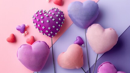 Wall Mural - Pin with heart pinheads in pin cushions on pink and purple background