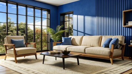 Wall Mural - Blue armchair and beige sofa in japandi, minimalist interior design of modern living room.
