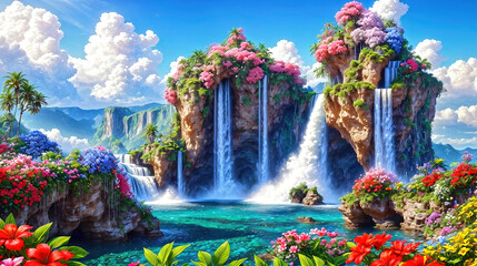 Wall Mural - Waterfalls and flowers, beautiful landscape, magical and idyllic background with many flowers in Eden.