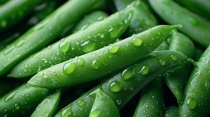 Fresh green peas with water droplets, showcasing vibrant color and natural texture, ideal for culinary and nutrition-related imagery.