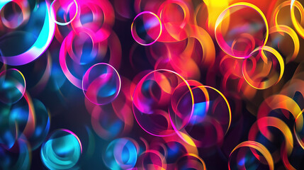 Wall Mural - Abstract background, multicolored neon glowing circles, balls shapes on black, modern art wallpaper.