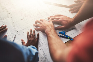 Poster - Hands, drawing and architecture in workshop for blueprint, design and measurement for building. People, professional and architect for construction, project or property with equipment or engineering