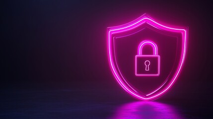 3D illustration of a neon shield icon with a padlock on a dark background.