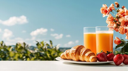 Breakfast table with croissants fresh fruit juice bright morning scene high detail professional photography clean sharp focus